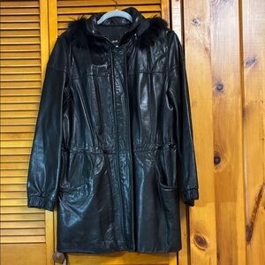 Sleek Black Leather Jacket with Fur Collar hoodie on the back side